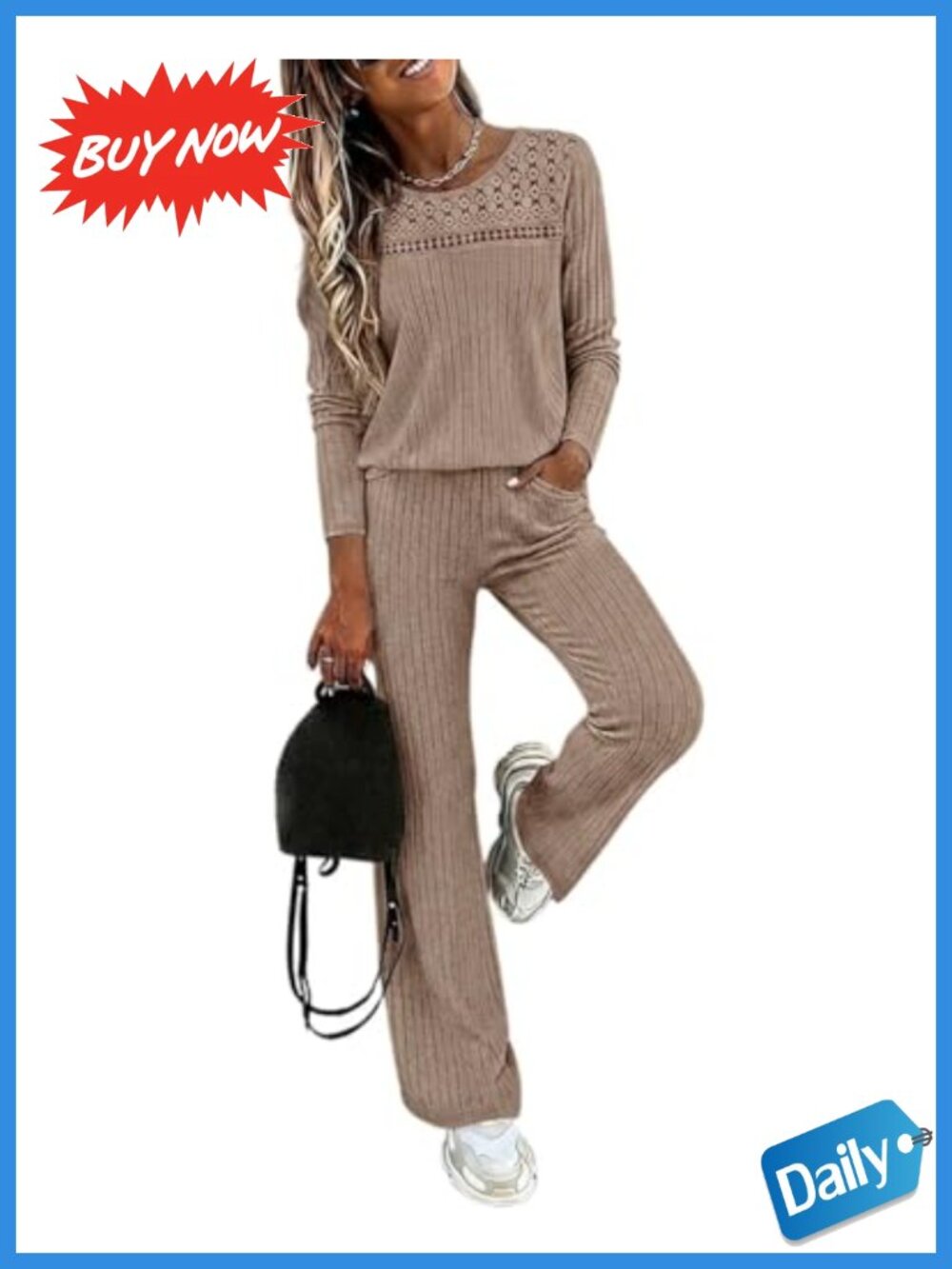 Women's 2 Piece Ribbed Knit Lounge Set Wide Leg Pants Lace Patch Travel